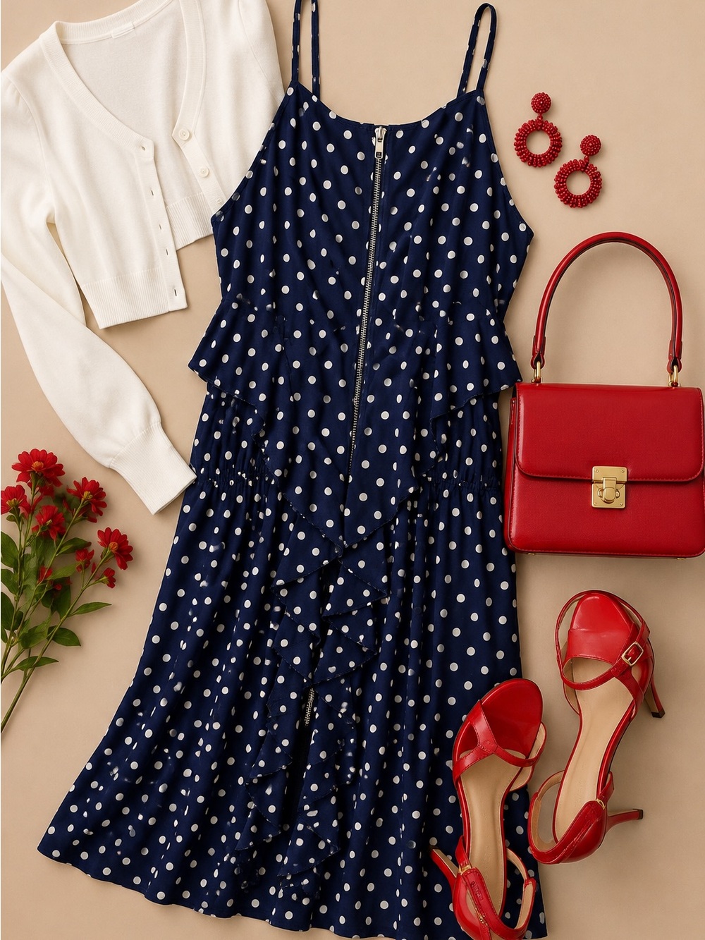 Hello Miss Navy White Polka Dot Ruffle Zip Front Dress L Retro Pinup